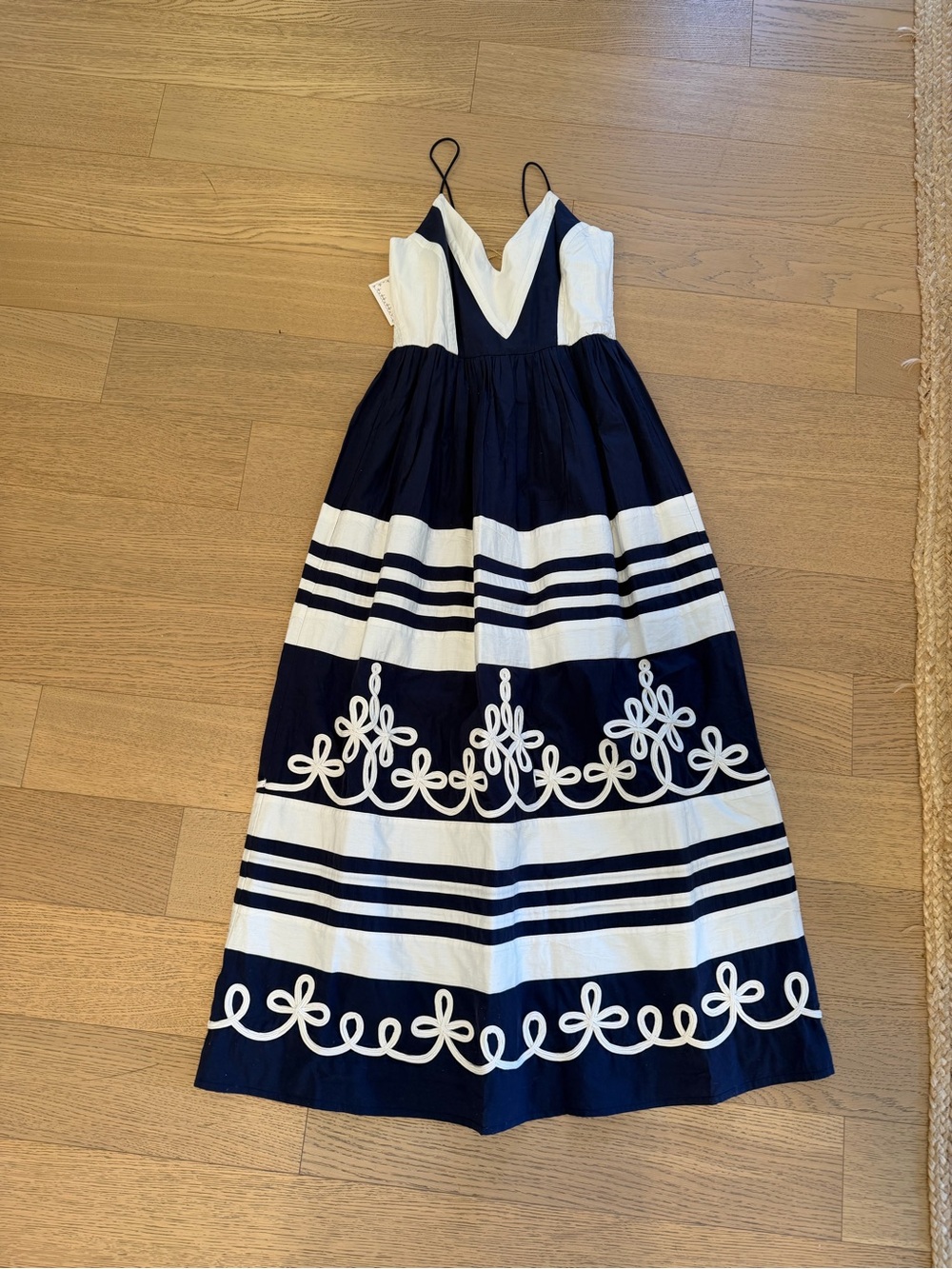 Navy and White Spaghetti-Strap Maxi Dress with Embroidered Stripe Detail - Picture 4 of 6